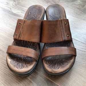 Brown leather wedge sandals